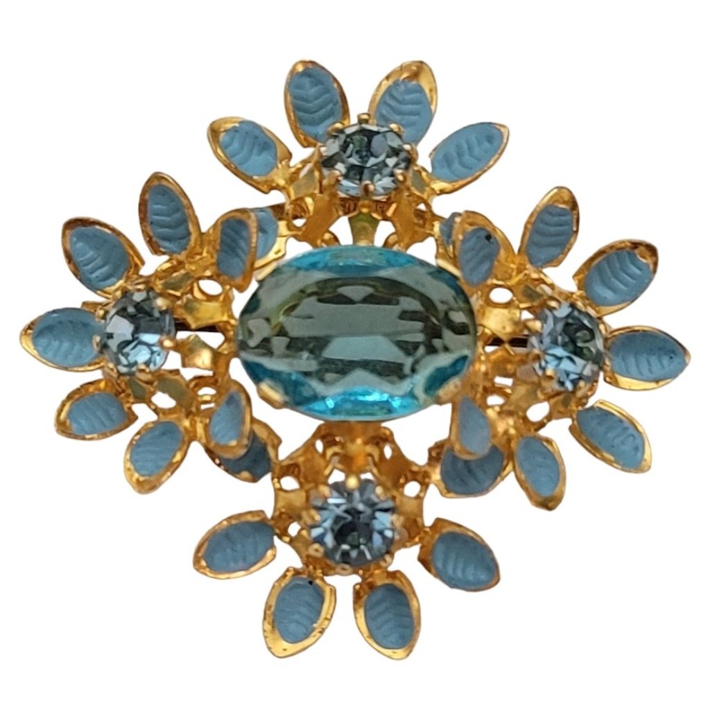 Austria Gold Tone Prong Set Rhinestone Enamel Flower Cluster Brooch Signed E148 57$